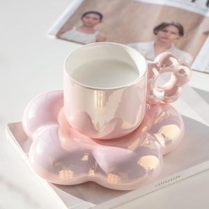 Koythin Ceramic Coffee Mug, Creative Cute Cup with Flower Saucer, Novelty Coffee Cup with Comfortable Flower Grip for Office and Home, 8_5oz for Tea Latte Milk (Pearl Pink)